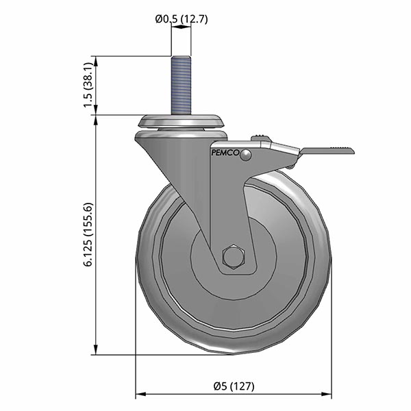 Side view drawing of caster with dimensions